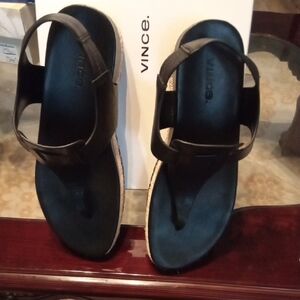 Vince Black Leather Slingback Sandals with Espadrille Trim